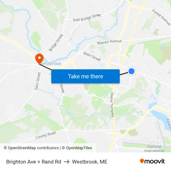 Brighton Ave + Rand Rd to Westbrook, ME map