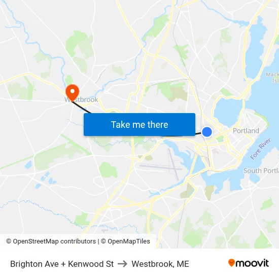 Brighton Ave + Kenwood St to Westbrook, ME map