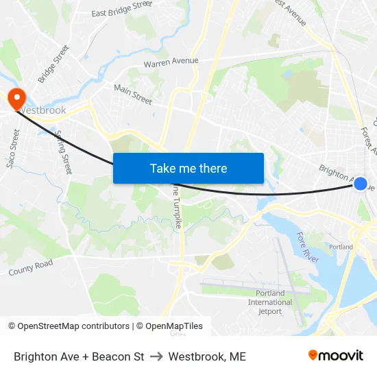 Brighton Ave + Beacon St to Westbrook, ME map