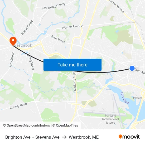 Brighton Ave + Stevens Ave to Westbrook, ME map