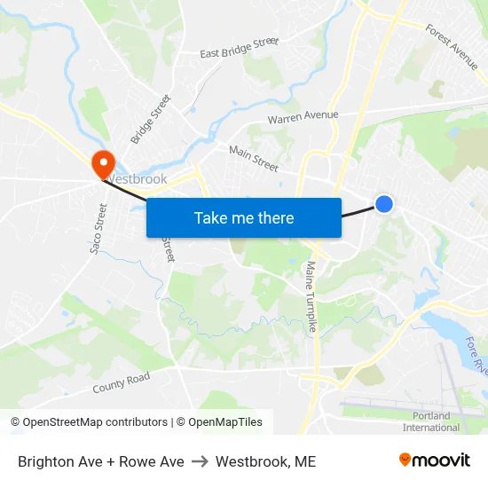 Brighton Ave + Rowe Ave to Westbrook, ME map