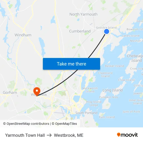 Yarmouth Town Hall to Westbrook, ME map