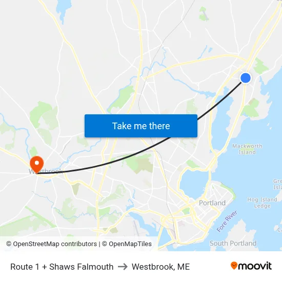 Route 1 + Shaws Falmouth to Westbrook, ME map