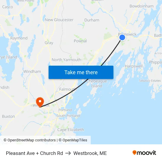 Pleasant Ave + Church Rd to Westbrook, ME map