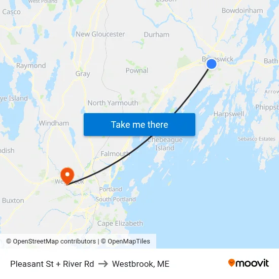 Pleasant St + River Rd to Westbrook, ME map