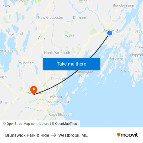 Brunswick Park & Ride to Westbrook, ME map