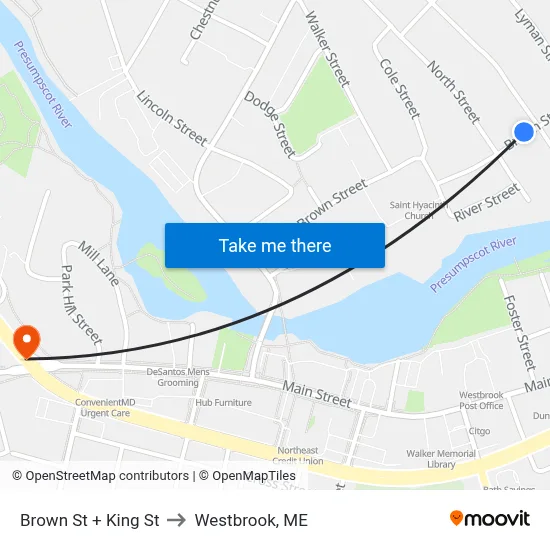 Brown St + King St to Westbrook, ME map