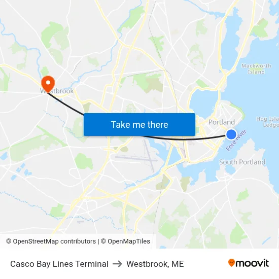 Casco Bay Lines Terminal to Westbrook, ME map