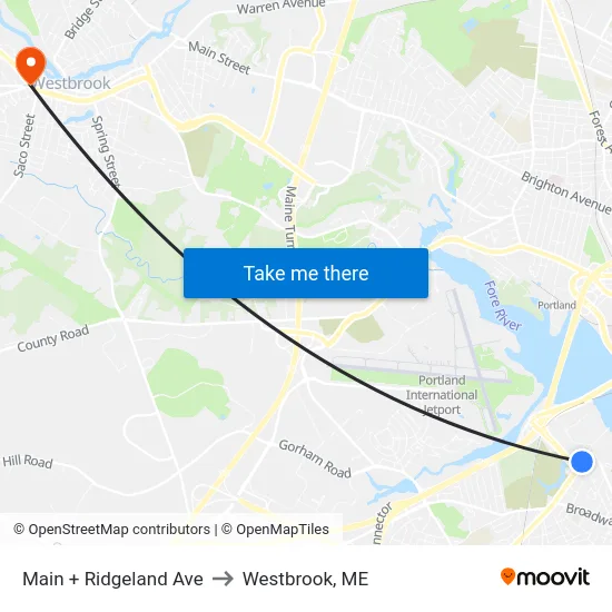 Main + Ridgeland Ave to Westbrook, ME map