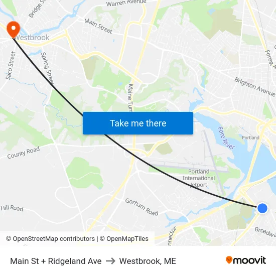 Main St + Ridgeland Ave to Westbrook, ME map