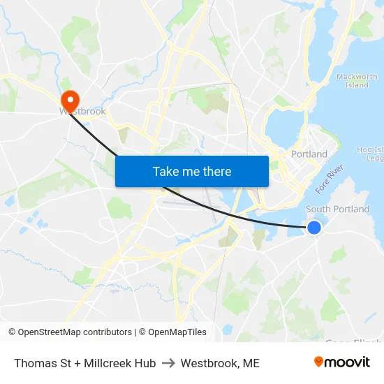 Thomas St + Millcreek Hub to Westbrook, ME map