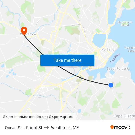 Ocean St + Parrot St to Westbrook, ME map
