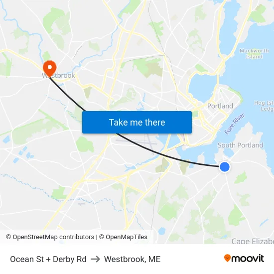 Ocean St + Derby Rd to Westbrook, ME map