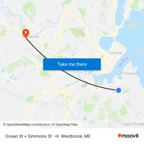 Ocean St + Simmons St to Westbrook, ME map