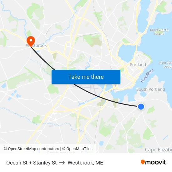Ocean St + Stanley St to Westbrook, ME map