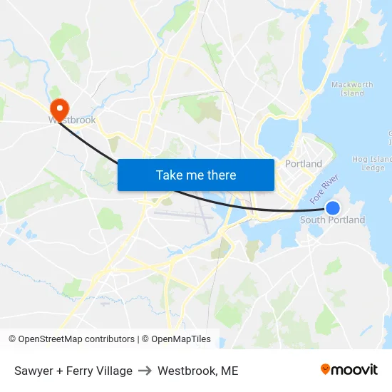 Sawyer + Ferry Village to Westbrook, ME map