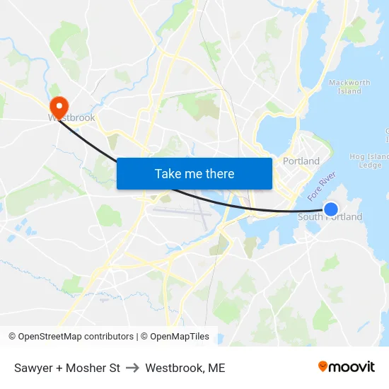 Sawyer + Mosher St to Westbrook, ME map