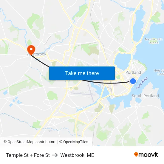 Temple St + Fore St to Westbrook, ME map