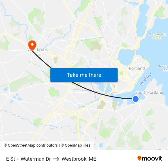 E St + Waterman Dr to Westbrook, ME map