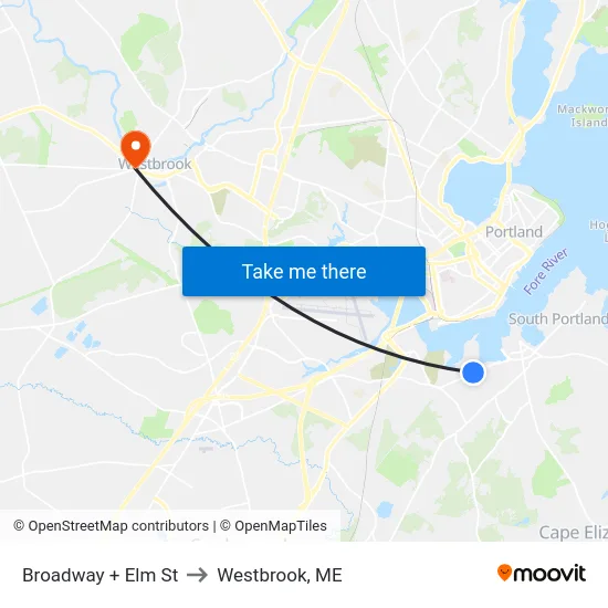Broadway + Elm St to Westbrook, ME map