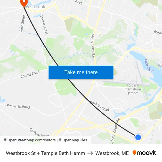 Westbrook St + Temple Beth Hamm to Westbrook, ME map