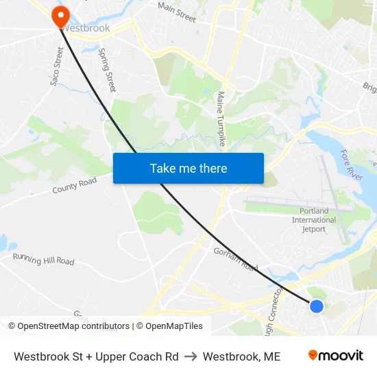 Westbrook St + Upper Coach Rd to Westbrook, ME map