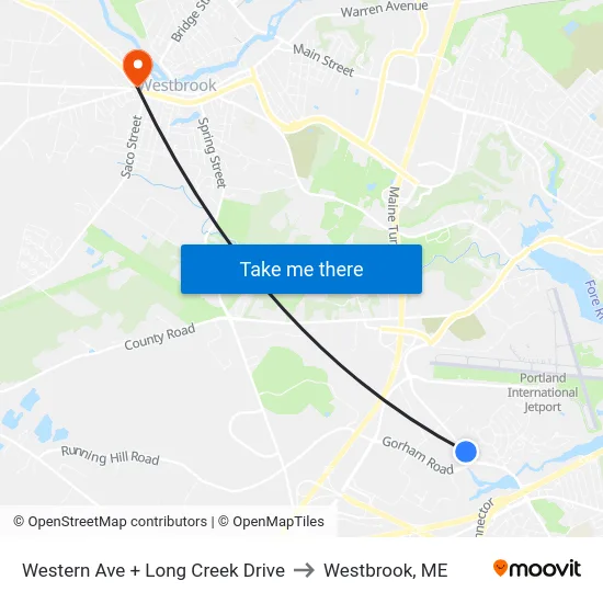 Western Ave + Long Creek Drive to Westbrook, ME map