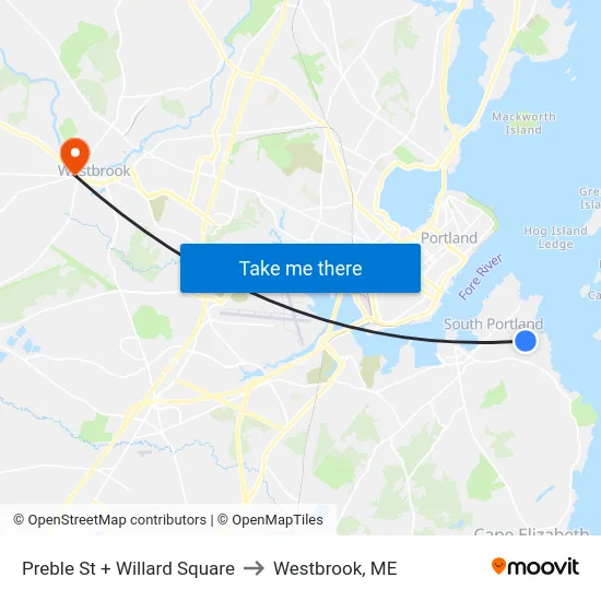 Preble St + Willard Square to Westbrook, ME map