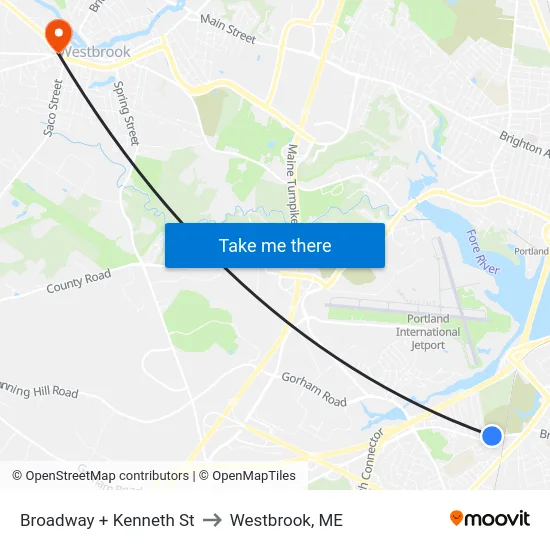 Broadway + Kenneth St to Westbrook, ME map