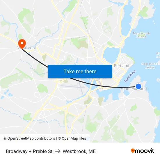 Broadway + Preble St to Westbrook, ME map