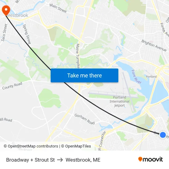 Broadway + Strout St to Westbrook, ME map