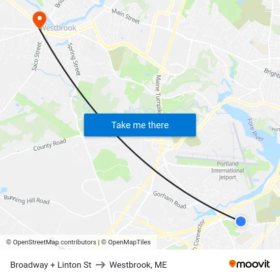 Broadway + Linton St to Westbrook, ME map