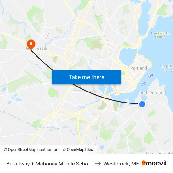 Broadway + Mahoney Middle School to Westbrook, ME map