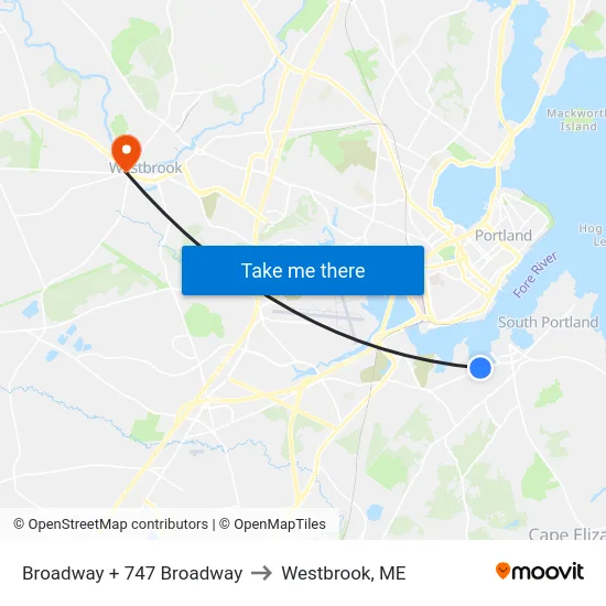 Broadway + 747 Broadway to Westbrook, ME map