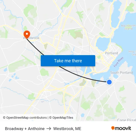 Broadway + Anthoine to Westbrook, ME map