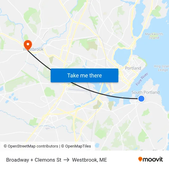 Broadway + Clemons St to Westbrook, ME map