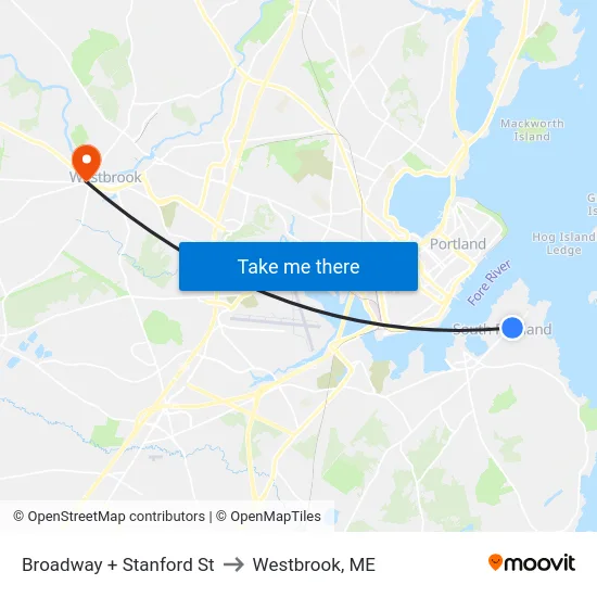 Broadway + Stanford St to Westbrook, ME map