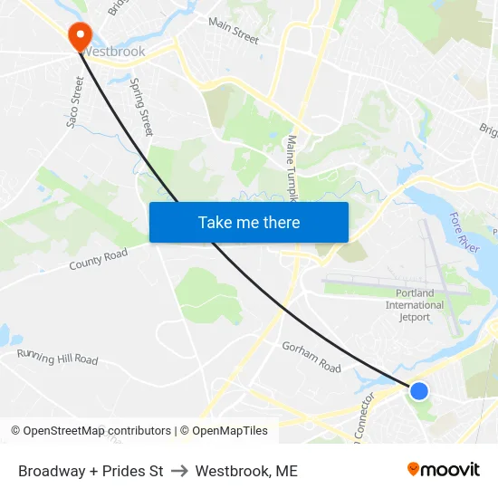 Broadway + Prides St to Westbrook, ME map