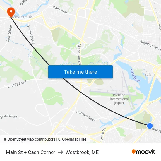 Main St + Cash Corner to Westbrook, ME map