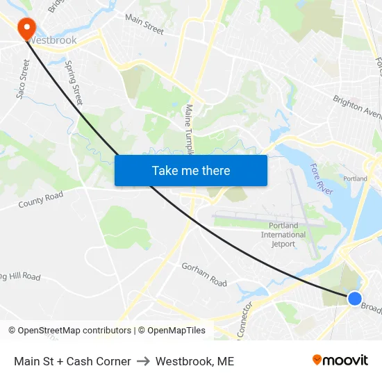 Main St + Cash Corner to Westbrook, ME map