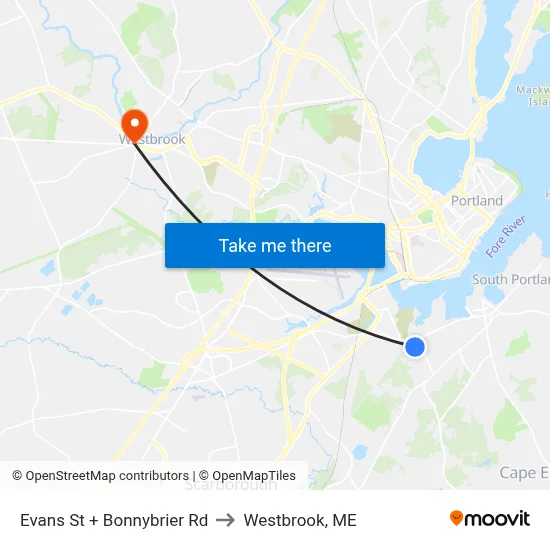 Evans St + Bonnybrier Rd to Westbrook, ME map