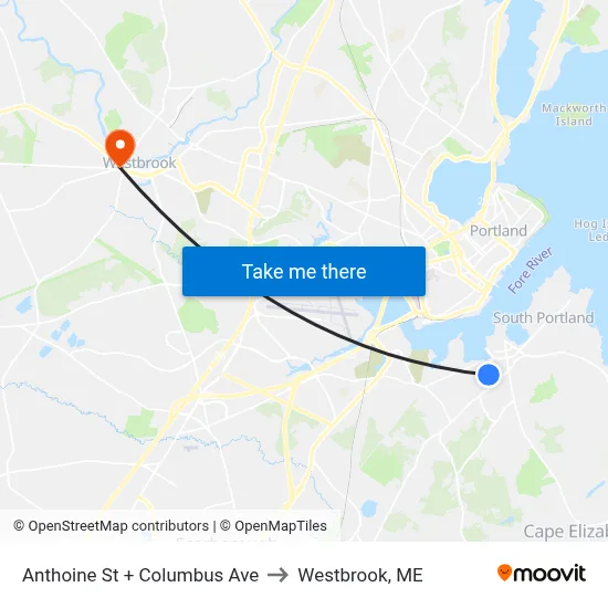 Anthoine St + Columbus Ave to Westbrook, ME map
