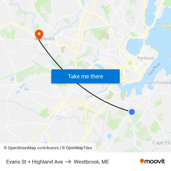 Evans St + Highland Ave to Westbrook, ME map