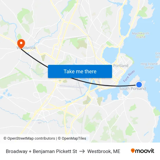 Broadway + Benjaman Pickett St to Westbrook, ME map