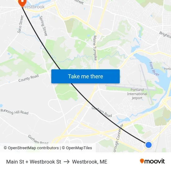 Main St + Westbrook St to Westbrook, ME map