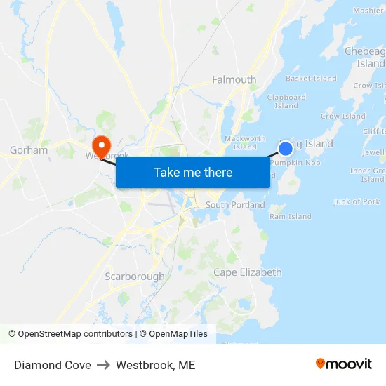 Diamond Cove to Westbrook, ME map