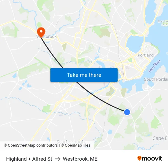 Highland + Alfred St to Westbrook, ME map