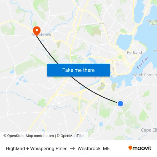 Highland + Whispering Pines to Westbrook, ME map