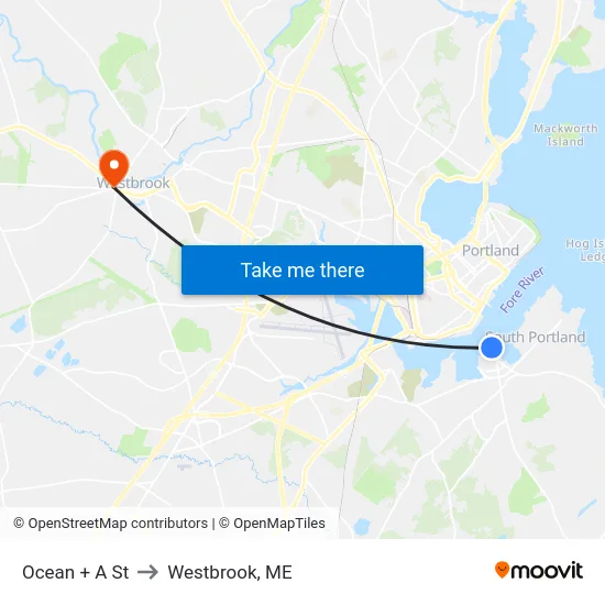 Ocean + A St to Westbrook, ME map