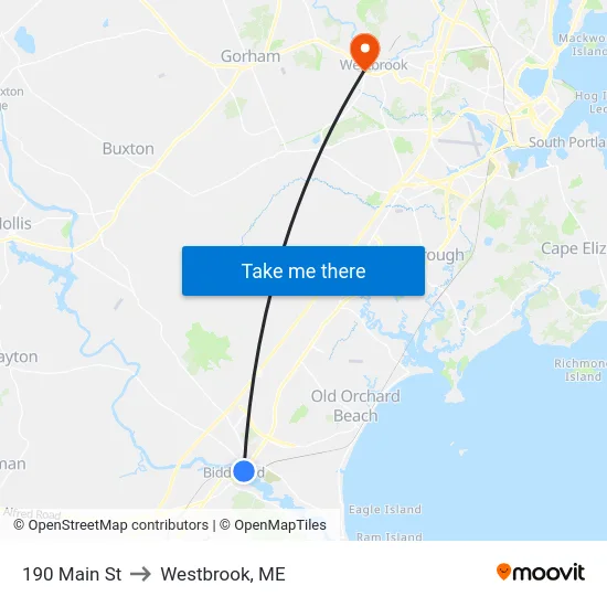 190 Main St to Westbrook, ME map